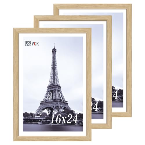 Image of VCK 16x24 Poster Frame Solid Wood Natural 3 Pack Picture Frames 16 x 24 Inches with Wall Mounting Hanging