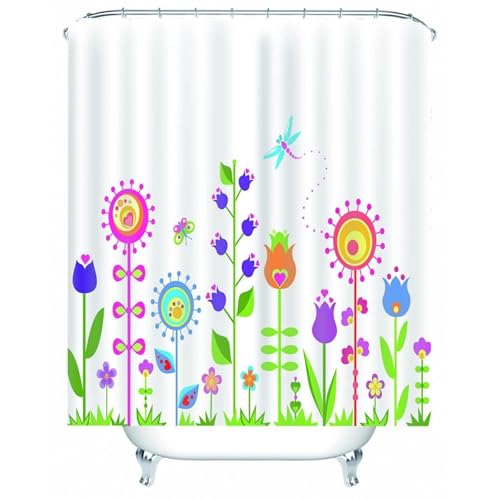 Rideau de douche textile fleurs et libellules coloré en polyester imperméable - 2