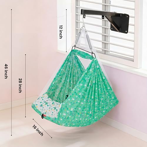 Image of Axmon Kids Cradle Jhula | Heavy Duty Iron Frame Baby Cradle | Weight Capacity Up to 20 kg | Pure Cotton with 1 Inch Support Sheet, Pillow, Safety Belt & Mosquito Net | Green