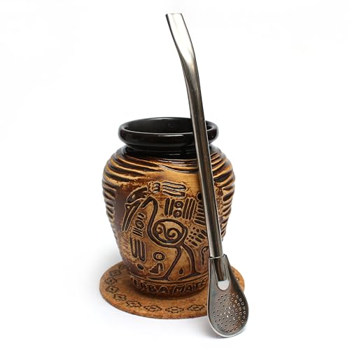 Mate Green Juego de Taza de Té Mate Aztek 300 ml - Cerámica con Pajita de Acero Inoxidable Bombilla 19 cm, Almohadilla de Corcho y Calabaza