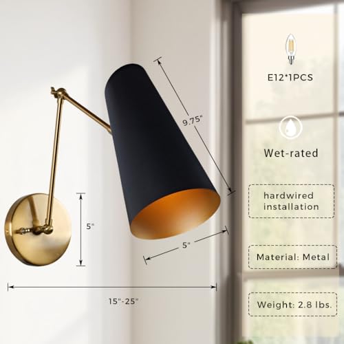 Image of Elegant Articulating Mid-Century Modern Metal Bedroom Reading Wall Scocne | Multi-Color Available, Streamlined Design Metal Wall Light for Living Room, lounge Room, (Brass Pole with Bronze)