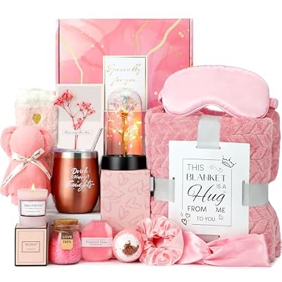 Birthday and Get Well Gifts for Women - Relaxing Spa Care Package With Luxury Flannel Blanket, Light-Up Rose Flower - Unique Self Care Gift Basket for Mom, Wife, Friends