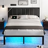 OLEVS Queen Bed Frame with Headboard Metal Platform Bed Queen Size with USB Charging Station and LED Lights, No Box Spring Needed