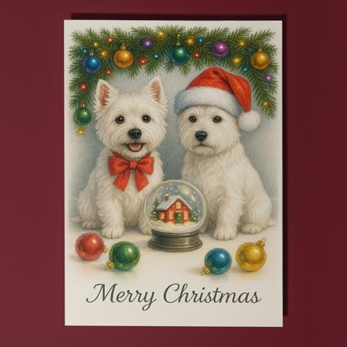 West Highland White Terriers Dogs - Cozy Nose & Snow Globe - Merry Christmas Card - Funny Dogs - Dog Breeds - Premium Greeting Card and Envelope - Personalised - Friends Family members