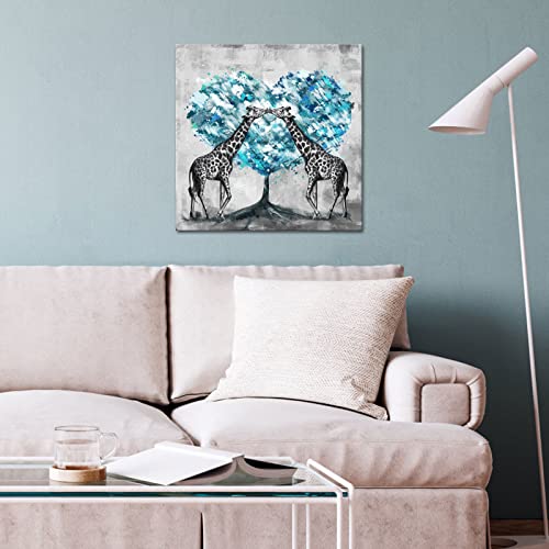 Artsbay Giraffe Wall Art Decor Funny Giraffe Couple Family With Teal Blue Trees In Black And White Animal Wall Decor Painting Pictures Canvas Print Framed For Home Living Room Kids Room Decoration #TOP2