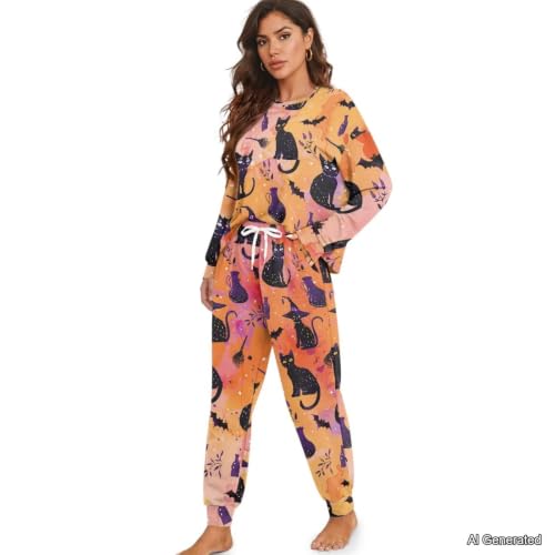Image of Womens Lounge Set Long Sleeve Soft Pajama Sets | Casual 2 Piece Pj Outfit, Crewneck Sleepwear with Pockets, Adjustable Drawstring, Soft Comfy Fall Pajamas, Plus Size