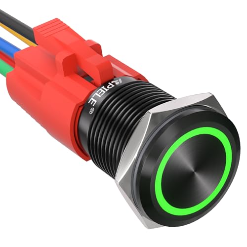 Image of APIELE 16mm Latching Push Button Switch 12V DC On Off Black Shell with LED Angel Eye Head for 0.63 inch Mounting Hole with Wire Socket Plug Self-Locking (Green /Black Shell)