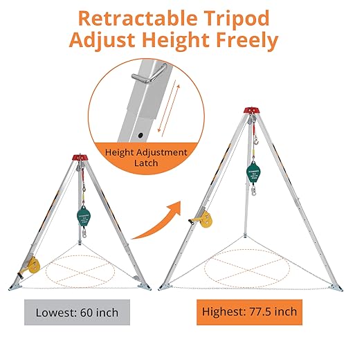 Image of Towallmark Confined Space Tripod Kit with 1200 LBS Lifting Winch and Fall Arrester, Sewer Rescue Tripod with Safety Self-Locking Device