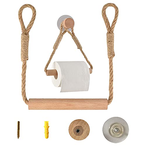 KDWOA Porte Papier Toilette Auto-adhésif, Porte Rouleau Papier WC sans Percage, Support de Rouleau de Serviette Toilette Corde en Bois Anneau De Serviette Rustic, Salle de Bain Accessoires Cover