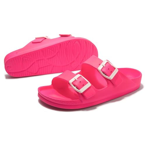FUNKYMONKEY Women's Comfort Slides Double Buckle Adjustable EVA Flat Sandals (6 M US, Fluo Fuxia)