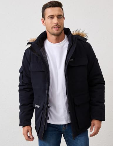 Image of Men's Hooded Puffer Jacket Winter Warm Quilted Parka Windbreaker Multi-Pockets Padded Coat with Faux Fur Removable Hood(Navy-M)