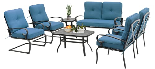 7 Piece Wrought Iron Patio Furniture Set for Outdoor Conversation (Peacock Blue)