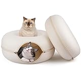 MOMOGA Cat Tunnel Bed Peekaboo Cat Cave for Multiple Cats & Large Cats, Scratch Resistant & Washable & Detachable Round Felt Cat Donut Tunnel for Cats up to 24 Lbs, 24' x 24' x 11', Off-White, 2 PCS