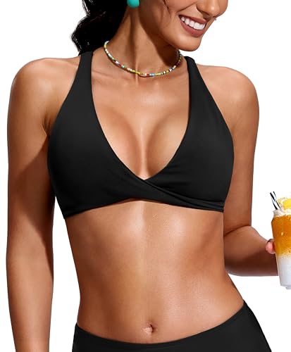 Soothfeel Bikini Tops for Women Push Up Padded Swim Top Twist Front Bathing Suit Criss Cross Back Tankini Swimsuit Top Only