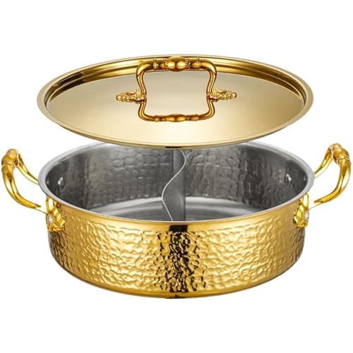 二食鍋 両手鍋 仕切り付き 卓上 仕切り鍋 Cutdred 2色鍋 2種類の味を同時に楽しめる ステンレス鋼 ステンレス卓上鍋 調理器具 火鍋 ガラスの蓋 IH対応 一鍋多役 蓋付き S形 鴛鴦鍋 (ゴールデン(仕切り付き),28cm)