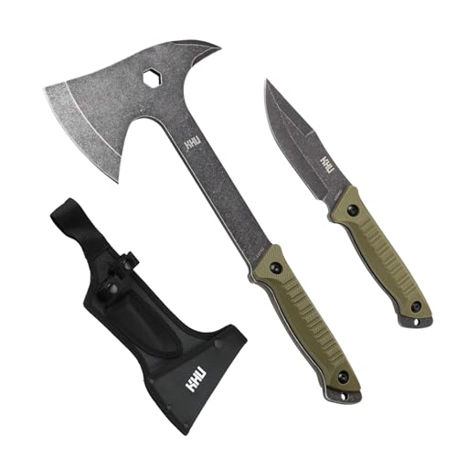 KHU 2 pcs 420HC Acciaio Ascia da campeggio Coltello da caccia - Coltello da campeggio sopravvivenza con fodero in nylon, Ascia da bushcraft per spaccare la legna Uso All'aperto caccia -07A