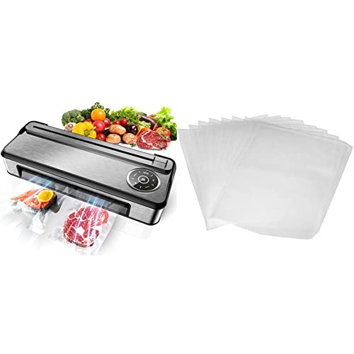 Vakuumiergerät -85kPa, Vollautomatischer Vakuumierer mit Cutter, 6 in 1 Folienschweißgerät, mit Automatischer Reinigungsfunktion, 50W & Amazon Basics Vakuumierbeutel 22cm x 30 cm, 50 Stück Cover