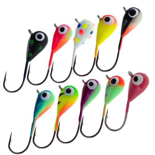 Reaction Tackle Tungsten Ice Fishing Jigs Tear Drop Jig Heads that Glow with UV Light for Panfish Crappie Walleye Perch Trout and Bluegill - 10-pcs Variety Pack 6 mm Long Hook