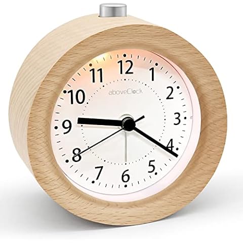 aboveClock Alarm Clock Bedside, No Ticking Bedside Clock with Snooze and Night Light Function, Analogue Clock Battery Powered for Bedroom, Home, Kitchen, Travel, Natural Wood Cover