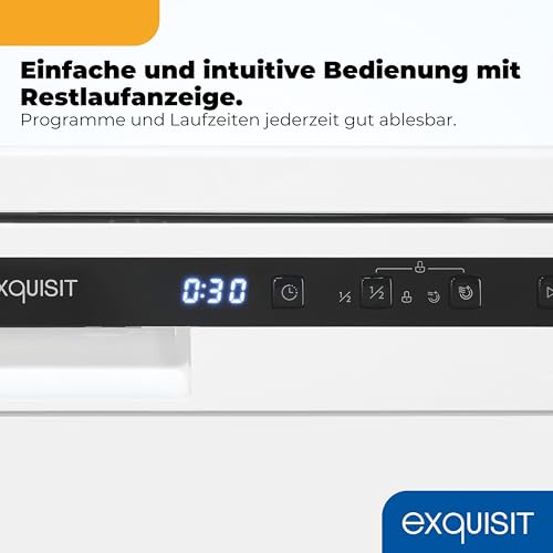 Exquisit Geschirrspüler | 12 Maßgedecke, Energieklasse E, 49 dB Geräusch | 6 Programme, Selbstreinigung, Halbe Beladung, Startzeitverzögerung, Aquastop, Mehrfach Wasserschutz | GSP56312-030E weiss