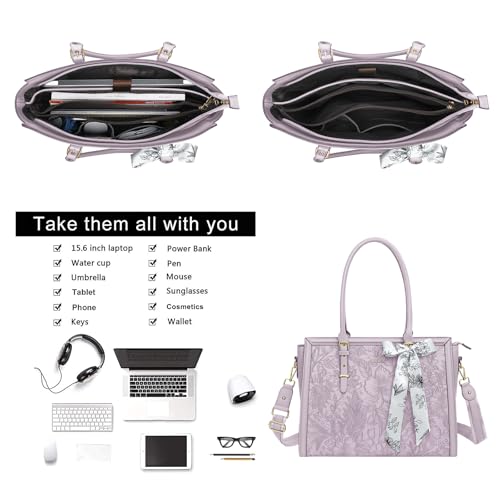 Image of MOSISO Laptop Bag for Women, PU Leather Tote Bag, Front Embossed Retro Hibiscus Computer Bags with Silk Scarf&Clutch Purse