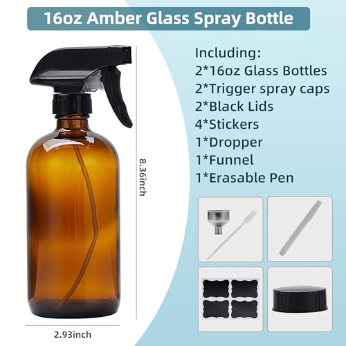 2 Pack Empty 16oz Amber Glass Spray Bottles Refillable Spray Bottle for Cleaning Solutions, Essential Oil, Water, Kitchen, Hair, Plant, Pets2