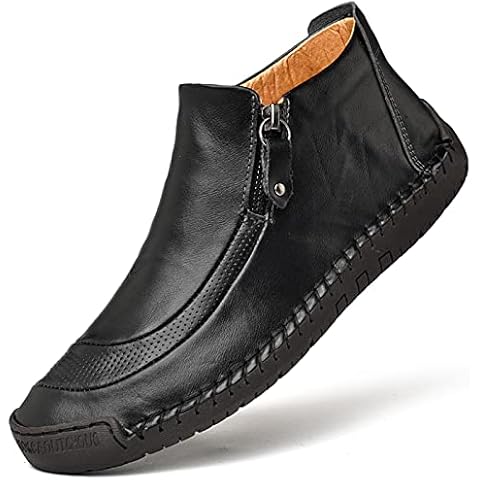 ReverseClock Men's Leather Short Ankle Boots Casual Cowhide Handmade Vintage Booties Flat Loafers Driving Moccasin Shoes (9.5,black,9.5) Cover