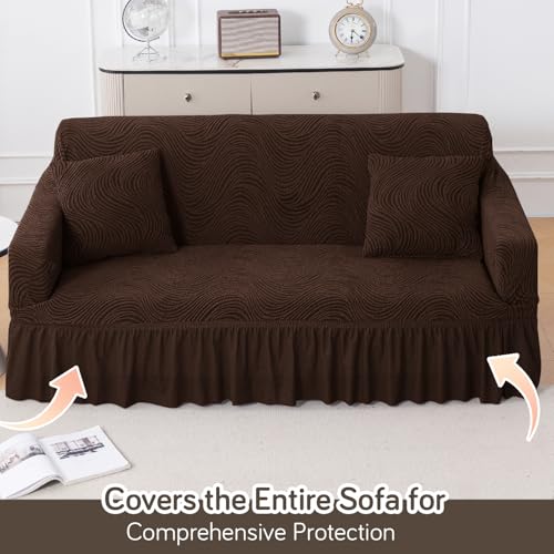 Image of HOKIPO 3 Seater Sofa Cover with Frill - 240 GSM Premium Jacquard Stretchable Fully Covered Slipcover,' Serene Wave Series' Dark Chocolate (AR-6354-DCHOC)