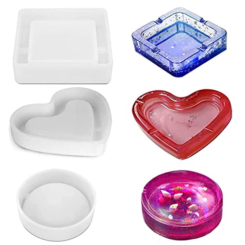 Accfore 3 Pack Resin Silicone Molds,Ashtray Resin Silicone Molds with Square Shape,Heart Shape and