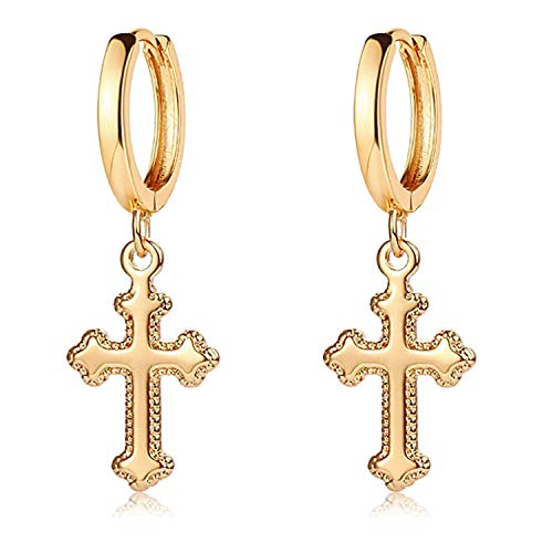 MEVECCO Tiny Cross Hoop Earrings 14K Gold Plated Dainty Minimalist Simple Faith Cross Dangle Huggie Earrings For Women Girls Jewelry Gift