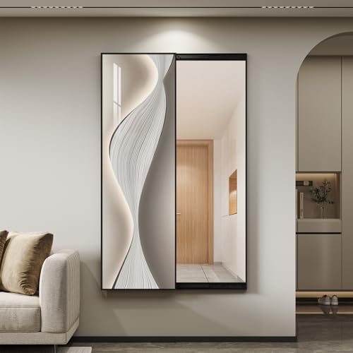 Framed Sliding Full Length Wall Mounted Mirror, Large Vertical Modern Abstract Full Body Mirrors for Wall Decor Living Room, Minimalist Elegant Silver White Mirror Wall Art for Bedroom, Hallway