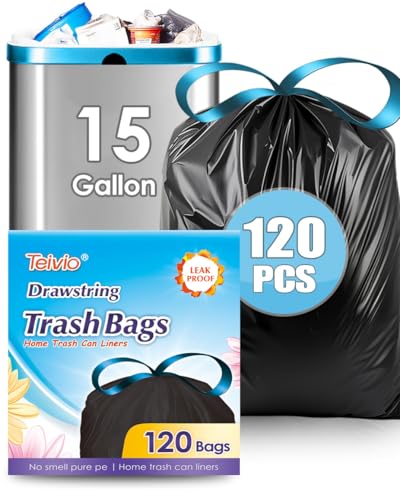 15 Gallon 120 Counts Strong Drawstring Trash Bags Garbage Bags by Teivio Bathroom Trash Can Bin Liners Plastic Bags for home office kitchen Black