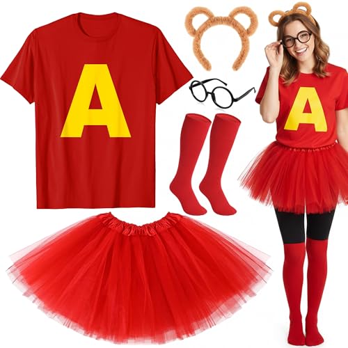 Xietaea Chipmunks Kostüm Set Damen Mädchen - Streifenhörnchen Zubehör mit T-shirt Stirnband Brille Tutu-Rock Socken für Karneval Fasching Halloween Cosplay Party Tiere Mottoparty