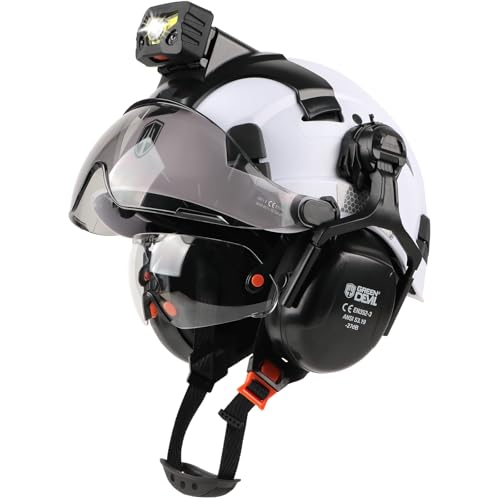 GREEN DEVIL Schutzhelm mit wiederaufladbarem Scheinwerferlicht und Visier, Ohrenschützer, belüftet, Arbeitshelm, ANSI Z89.1, Cascos De Construccion für Industrie, Bau, Forstwirtschaft