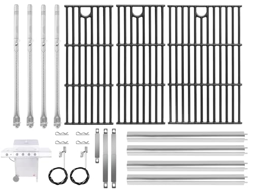 Image of Grill Replacement for Charbroil Performance 4-Burner Gas Grills 463344523 463352521 463354021 463365021, 17 inch Cast Iron Cooking Grates, Stainless Steel Heat Plates, Burner Tubes & Igniters Parts Kit