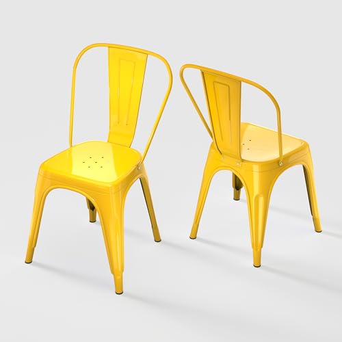 Image of Metal Dining Chairs with Backrest, Stackable, Yellow, 2 Pack | Easy Assembly, Non-Slip Feet, 330 lb Capacity, Kitchen, Restaurant, Cafe, Pub, Covered Patio