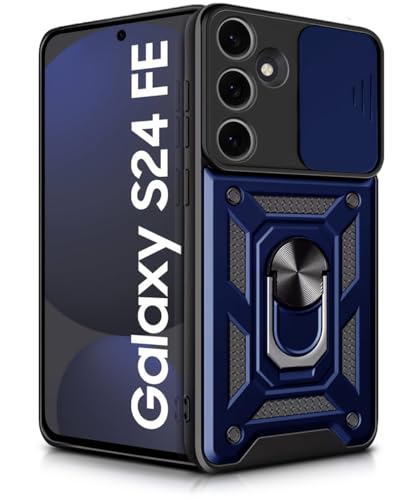 Image of WOW IMAGINE Tough Armor Bumper Mobile Back Case for Samsung Galaxy S24 FE 5G | Sliding Camera Shield Cover | Shock Proof 360 Protection | Hybrid PC + TPU | Ring Holder with Kickstand - Blue