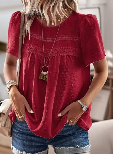 Image of Falechay Womens Summer Tops Crewneck Short Sleeve Shirts Casual Chiffon Blouses Flowy Lace Hem Boho Clothing Trendy 2026
