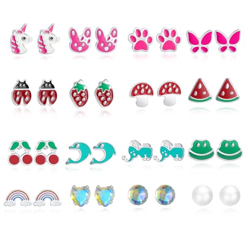 16Pares Pequeños Pendientes Mujer Silver Atornillable Juego de Pendientes Hipoalergénico Surgical Steel Joyería para Niñas Unicornio/Ladybug/Fresa/Circonitas/Perlas