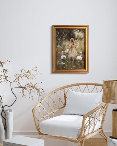 Image of VIYYIEA Vintage Gold Framed Wall Art for Living Room, Gooses Girl Canvas Prints Home Decor, Oil Painting Picture, Bedroom Wall Decor Gifts for Friends or Family -【Graceful Companions】-(16L x 12W)