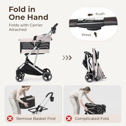 Image of T4 PRO Pet Stroller for Small Medium Dogs, Cat Strollers for 2 Cats, 4 Wheels Folding Pet Stroller for Cats with Pad, Canopy and Cup Holder, Beige