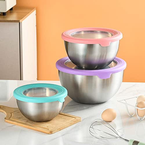 Set di ciotole in acciaio inox per microonde, marcatori e coperchi per misurazione della capacità, ciotola di miscelazione in vetro alternativa ecologica da 1,5 qt - 3 qt - 4,5 qt