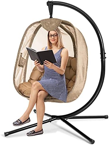 GOPLUS Chaise à Œuf Suspendue Pliable Antirouille Rembourrée pour Jardin Piscine Terrasse