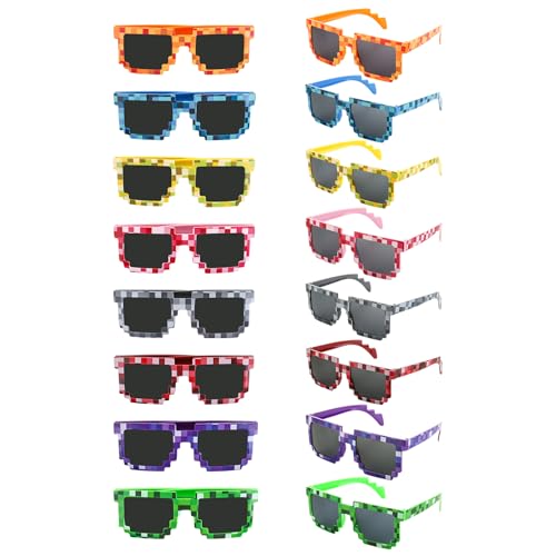 16 Pack Pixel Sunglasses, Vedio Game Style Glasses Party Favors in 8 Colors for Birthday Parties Photo Props
