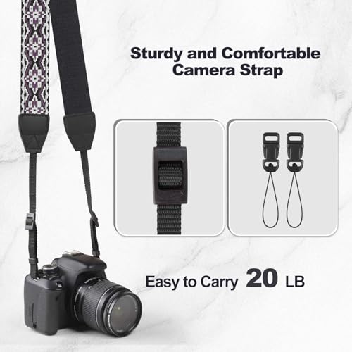 Image of Universal Camera Strap - Camera Neck Strap, Adjustable Shoulder Straps Compatible with Canon, Fujifilm, Nikon, Olympus, Panasonic and other SLR and mirrorless cameras - Purple and Black Geo