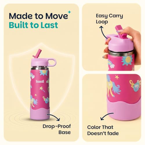Image of Basil HydraPop 600ml Stainless Steel Water Bottle for Kids | Insulated Hot & Cold Thermos Sipper Bottle | Leakproof School Bottle | Pixie Dash