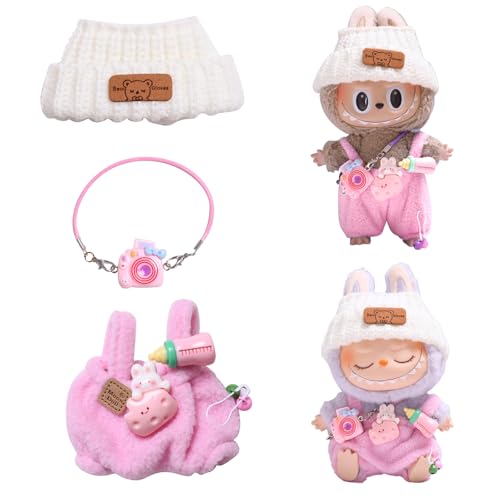 FMKLDENA Doll Clothes for la-bubu, 17cm Plush Clothes for la-bubu, Costumes for la-bubu dolls, with 1 Hat+1 Romper+1 Camera Backpack, for Other 17cm Dolls (Pink)