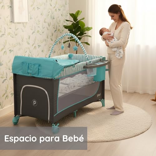 Priori Baby Nauta berço de viagem dobrável 5 em 1 para bebé, portátil, parque, trocador, ginásio e organizador, malha respirável rodas com travão bolsa de transporte, 0-3 anos até 15 kg (azul)