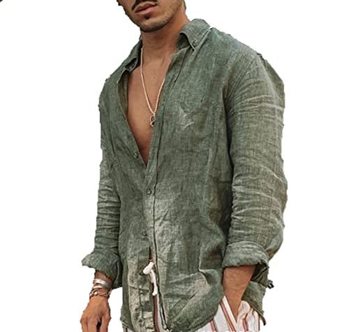 SSBZYES Camisas De Hombre Camisas De Manga Larga Camisas Manga Larga De Algodón De Lino De Color Liso Camisas De Cárdigan con Botones De Manga Larga con Solapa Informal Suelta Camisas De Manga Larga