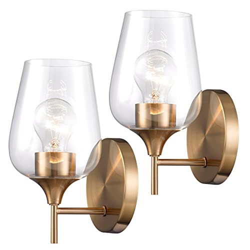 Hamilyeah Gold Sconces Wall Lighting Set Of 2, Bathroom Wall Lighting Fixtures Brass, Modern And Vintage Wall Lights With Clear Champagne Glass Shade For Bedroom,Fireplace,Hallway,Kitchen Ul Listed #TOP6